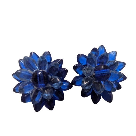 ROYAL Glass Earrings Vintage Cobalt Blue Retro Clip West German Art Deco - Picture 1 of 8